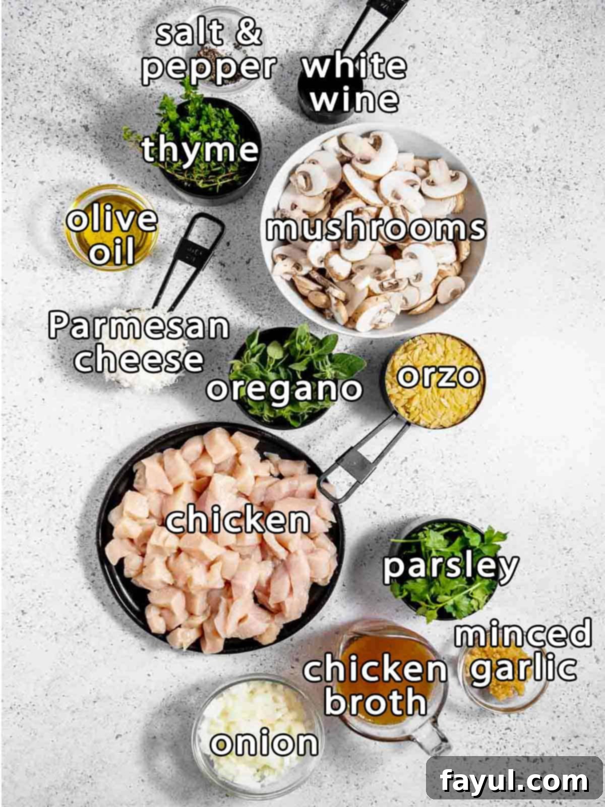 Overhead shot of all the ingredients for one-pot chicken mushroom orzo: chicken breast, sliced mushrooms, orzo pasta, fresh oregano, parsley, thyme, chicken broth, diced onion, minced garlic, parmesan cheese, olive oil, salt, pepper, and a bottle of dry white wine.