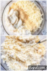 Preparation image showing a glass bowl with the cheese mixture being stirred.