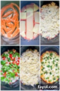 Preparation image showing six distinct images of the lasagna being layered step-by-step in the crockpot.