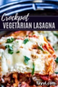 Pin for vegetarian lasagna with white text in the middle promoting the recipe.