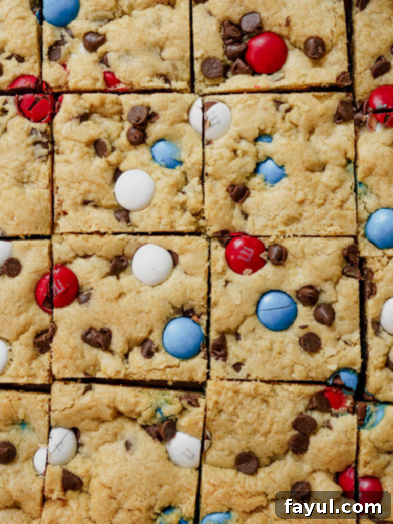 Firework Blondies - chewy cookie bars with chocolate chips and red, white, blue M&M's