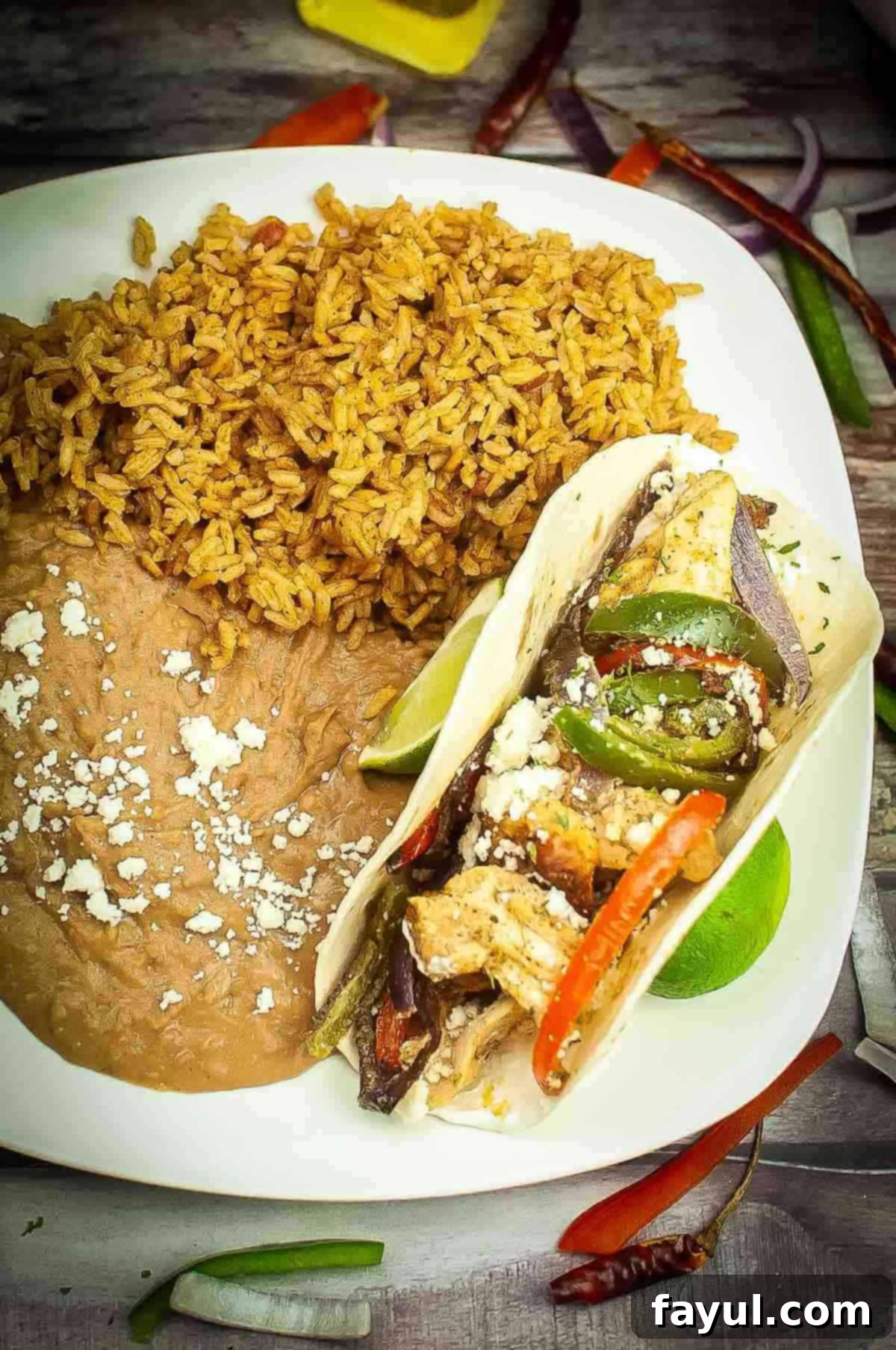 Overhead shot of chicken fajita sprinkled with cotija cheese next to sides of rice and refried beans on a white square plate.