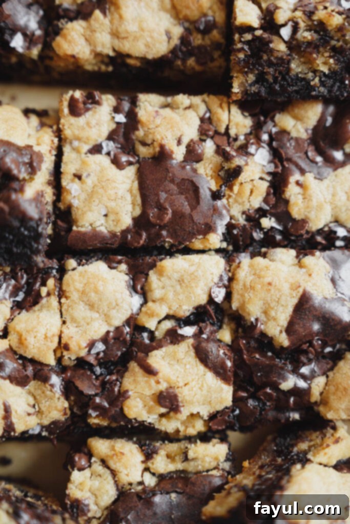 Close-up of brookie bars in a pan after baking.