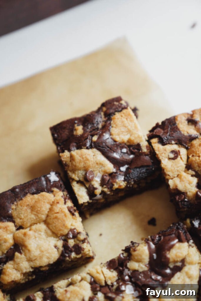 Freshly baked brookie bars sliced into squares.