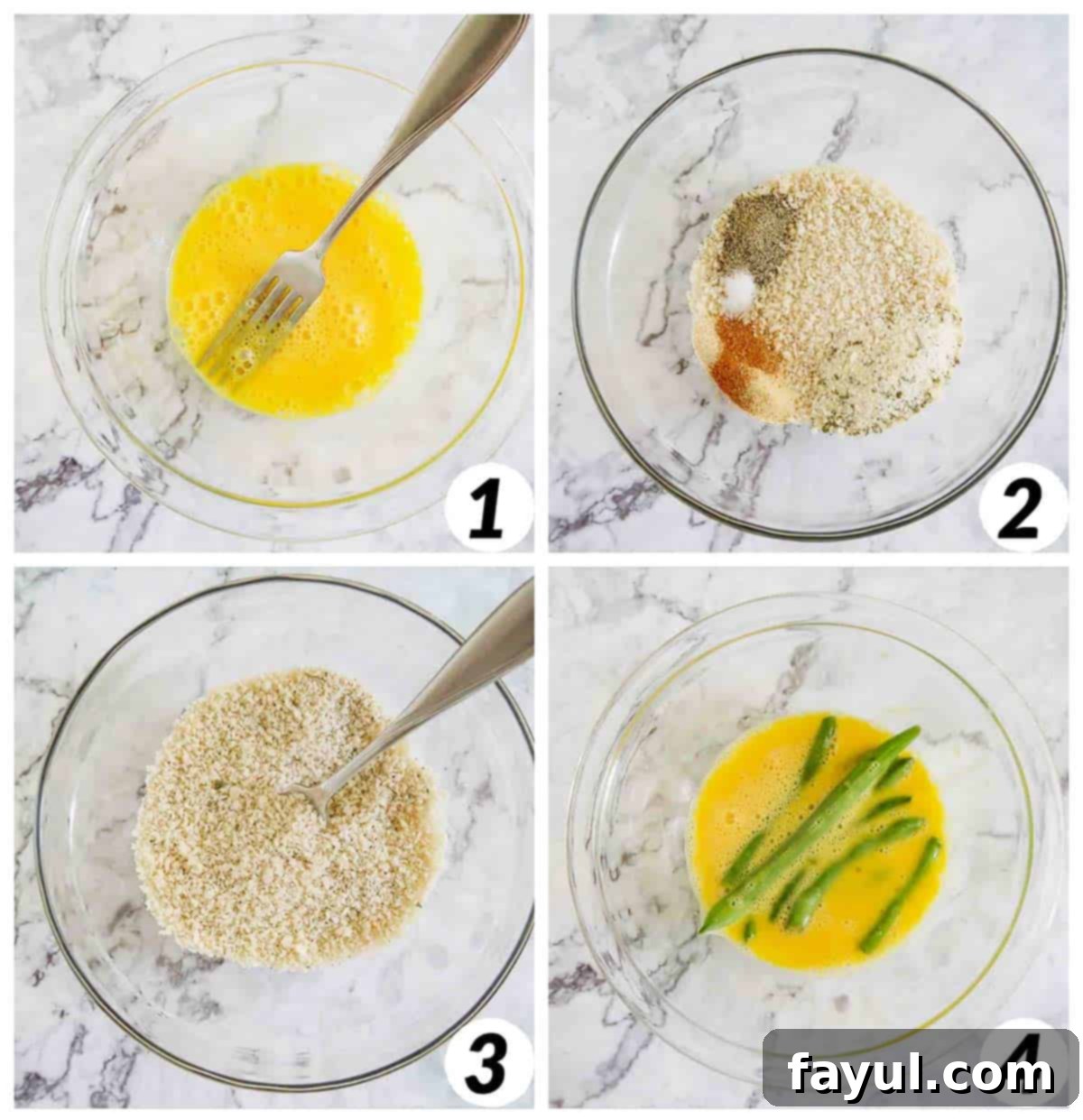 Four-panel grid of process shots showing steps 1-4: mixing breadcrumb mixture, dipping green beans in beaten egg, and then coating them evenly in the seasoned breadcrumbs.