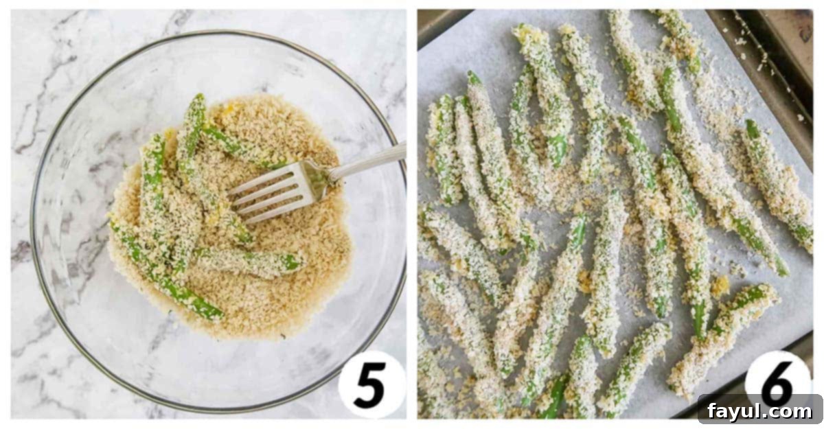 Two-panel grid of process shots showing steps 5-6: placing breaded green beans on a baking sheet and baking until golden brown and crispy in the oven.