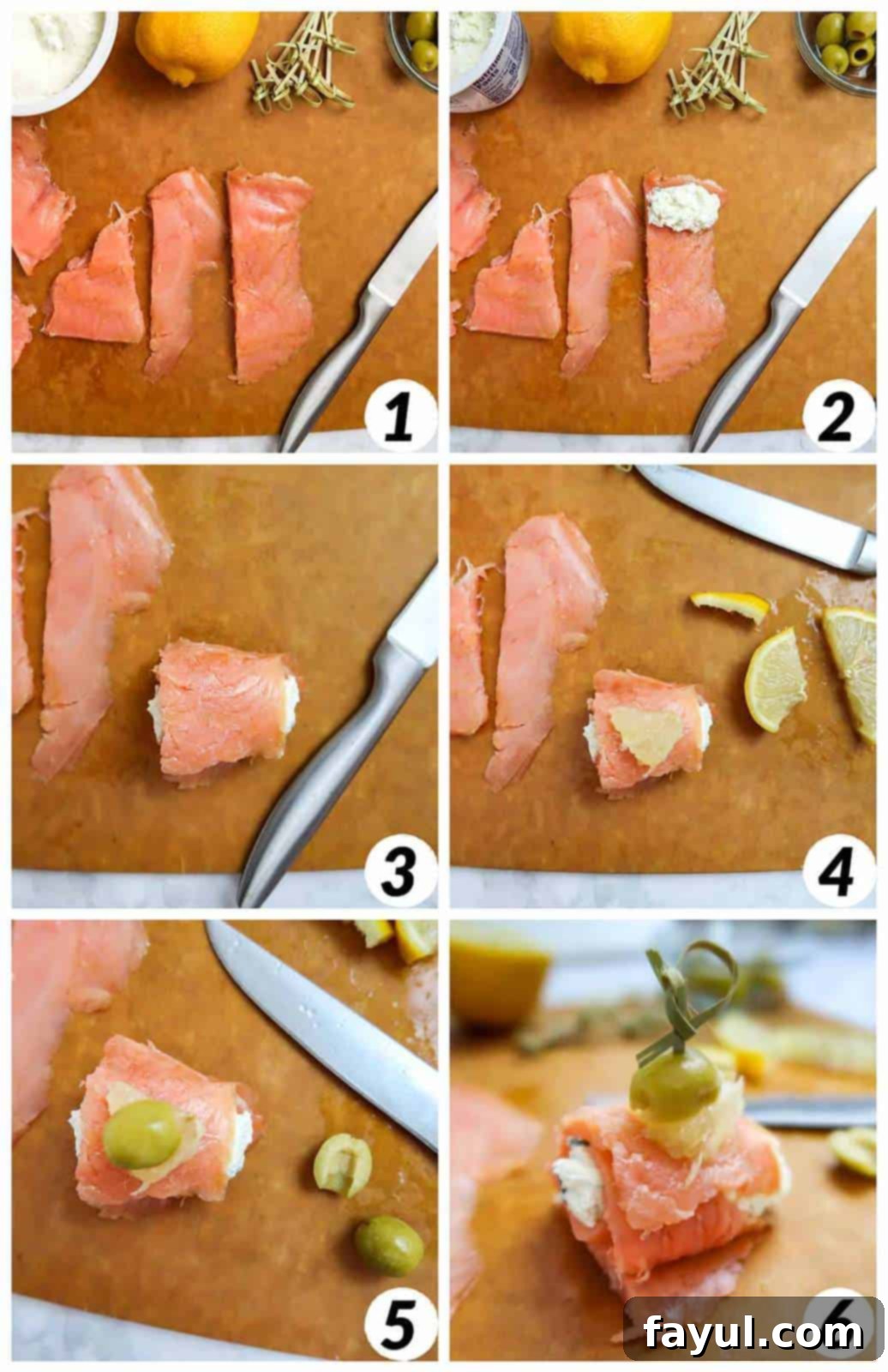 A six-panel collage showing the process of making smoked salmon bites: starting with slicing salmon, spreading cream cheese, rolling the salmon, then topping with lemon and an olive, and finally securing with an appetizer pick.