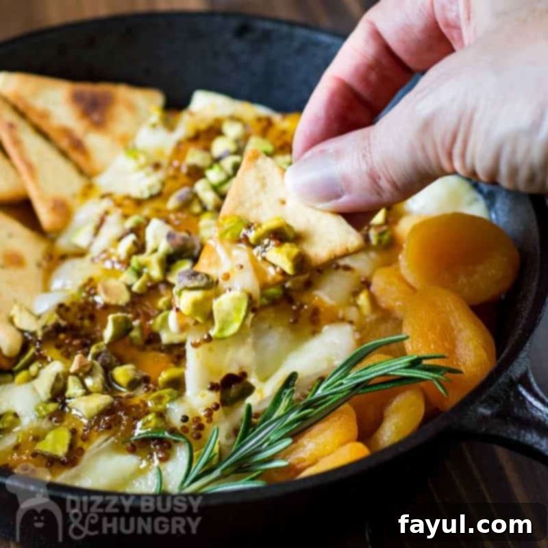 Close up shot of a crispy pita cracker being dipped into a warm, gooey baked brie topped with jam, with more crackers, dried apricots, and fresh herbs arranged invitingly in a skillet on a rustic wooden surface.