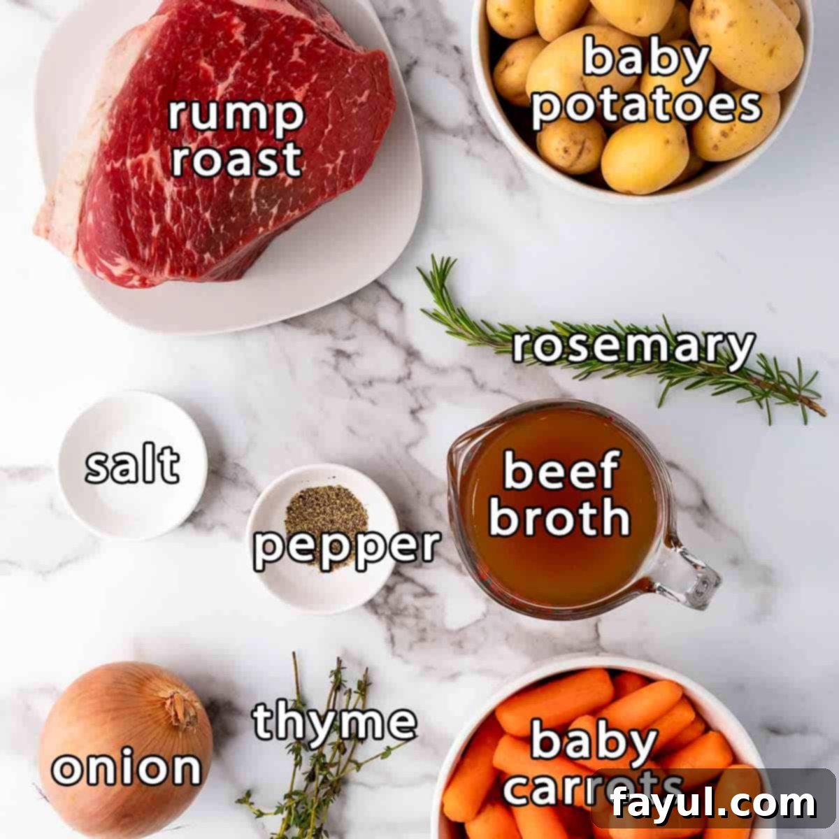 Overhead shot of all fresh ingredients laid out: a rump roast, baby potatoes, fresh rosemary sprigs, beef broth, baby carrots, fresh thyme sprigs, a quartered onion, and small bowls of salt and pepper.
