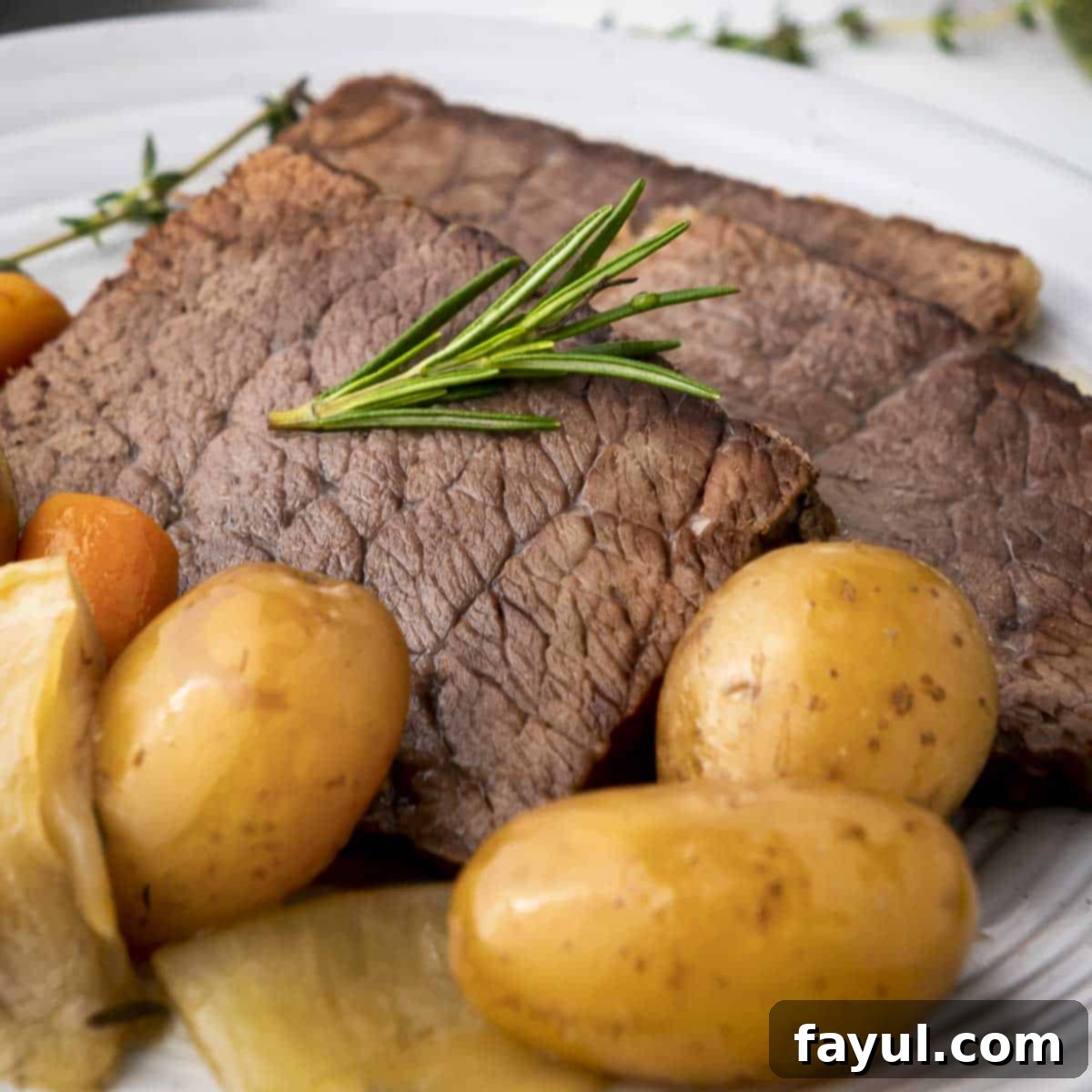 Side close-up shot of the perfectly cooked rump roast, nestled among tender potatoes and carrots on a white plate, elegantly garnished with fresh rosemary, ready to be served.