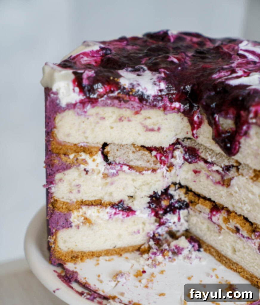 Close-up of blueberry cheesecake cake with creamy frosting and fresh blueberries