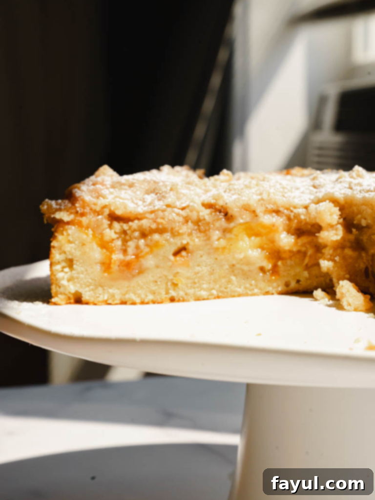 Delicious slice of Peach Cobbler Cake with streusel topping