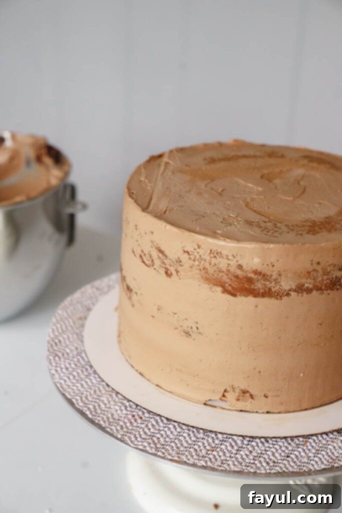 Close-up of a beautifully frosted Chocolate Graham Cracker Cake