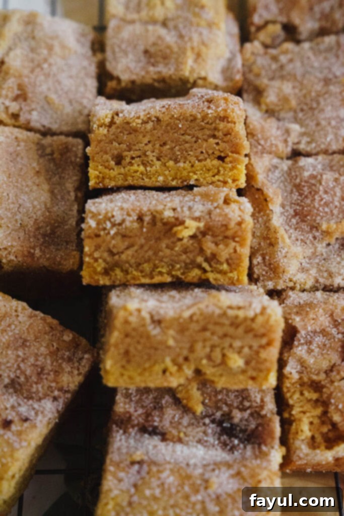 Close-up of a slice of Pumpkin Snickerdoodle Blondie, showing its chewy texture and cinnamon sugar crust.