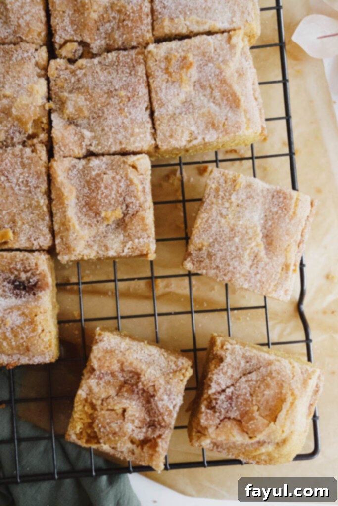 Two pieces of Pumpkin Snickerdoodle Blondies, one with a bite taken out, showing the chewy center.