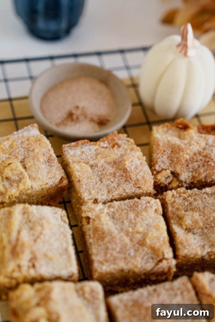 A top-down view of a single Pumpkin Snickerdoodle Blondie, highlighting the cinnamon sugar topping.