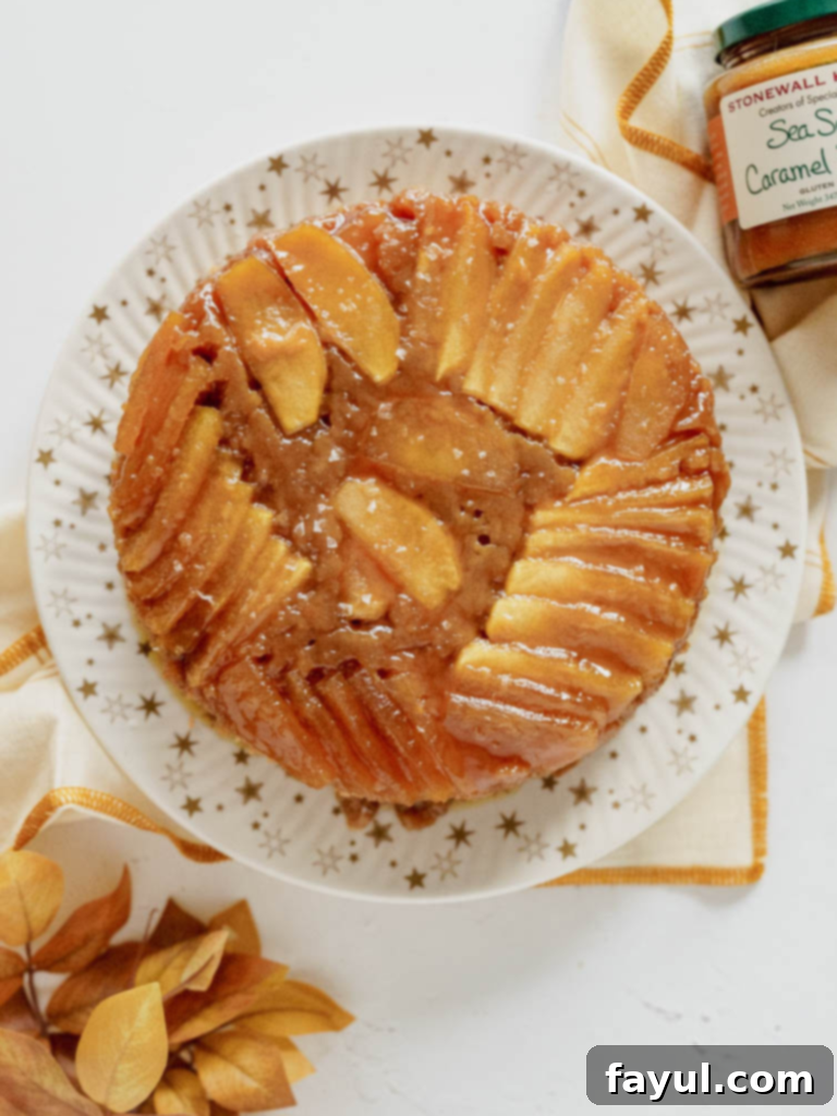 Delicious Caramel Apple Upside Down Cake with caramel sauce