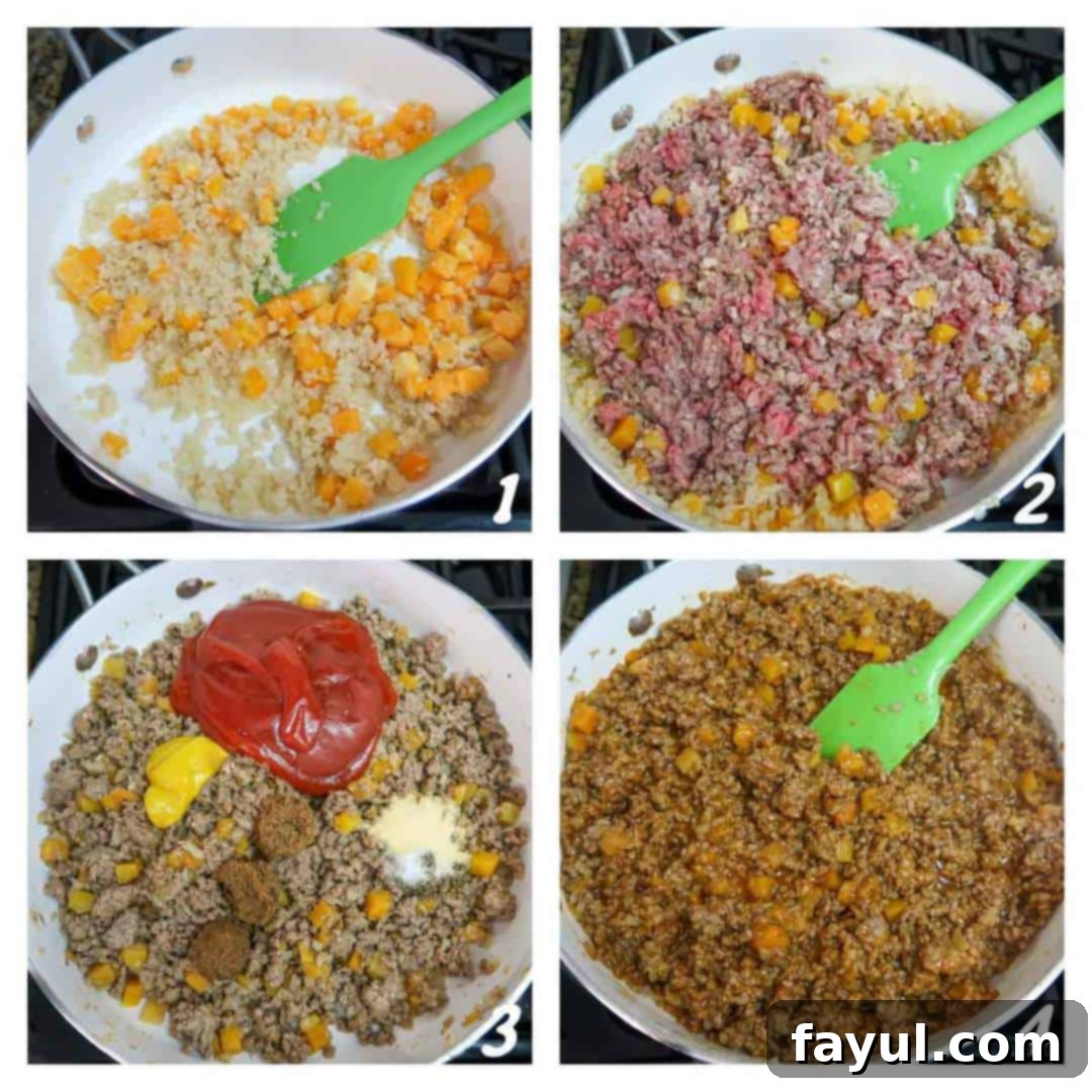 A four-panel collage showing the process of making sloppy joe sliders: cooking vegetables, adding ground beef, stirring in sauce ingredients, and simmering in a skillet.