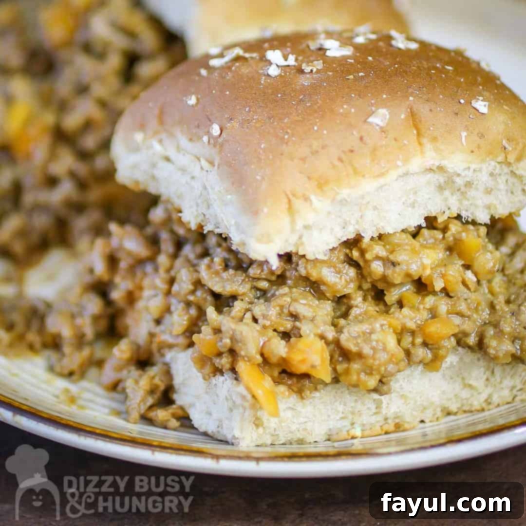 Close up shot of two perfectly assembled sloppy joe sliders on a clean white plate, ready to be eaten.