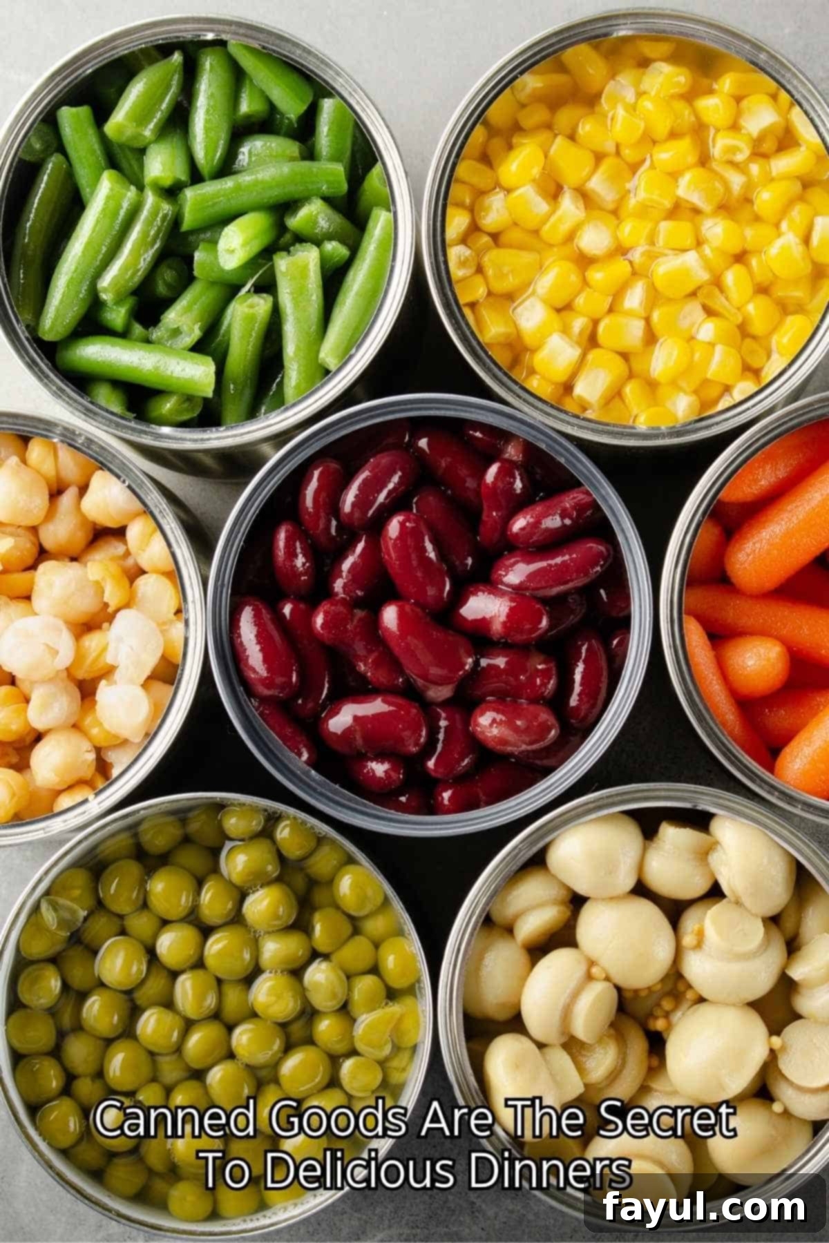 Overhead view of various open cans of vegetables, including corn, green beans, carrots, and peas, ready to be used in delicious dinners.