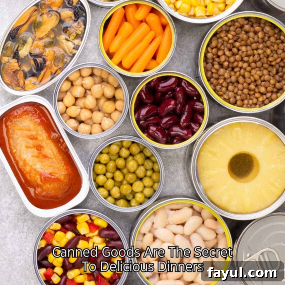 Overhead view of various canned vegetables with their lids removed, including carrots, lentils, peas, and pineapple, showcasing ingredients ready for delicious, budget-friendly dinners.