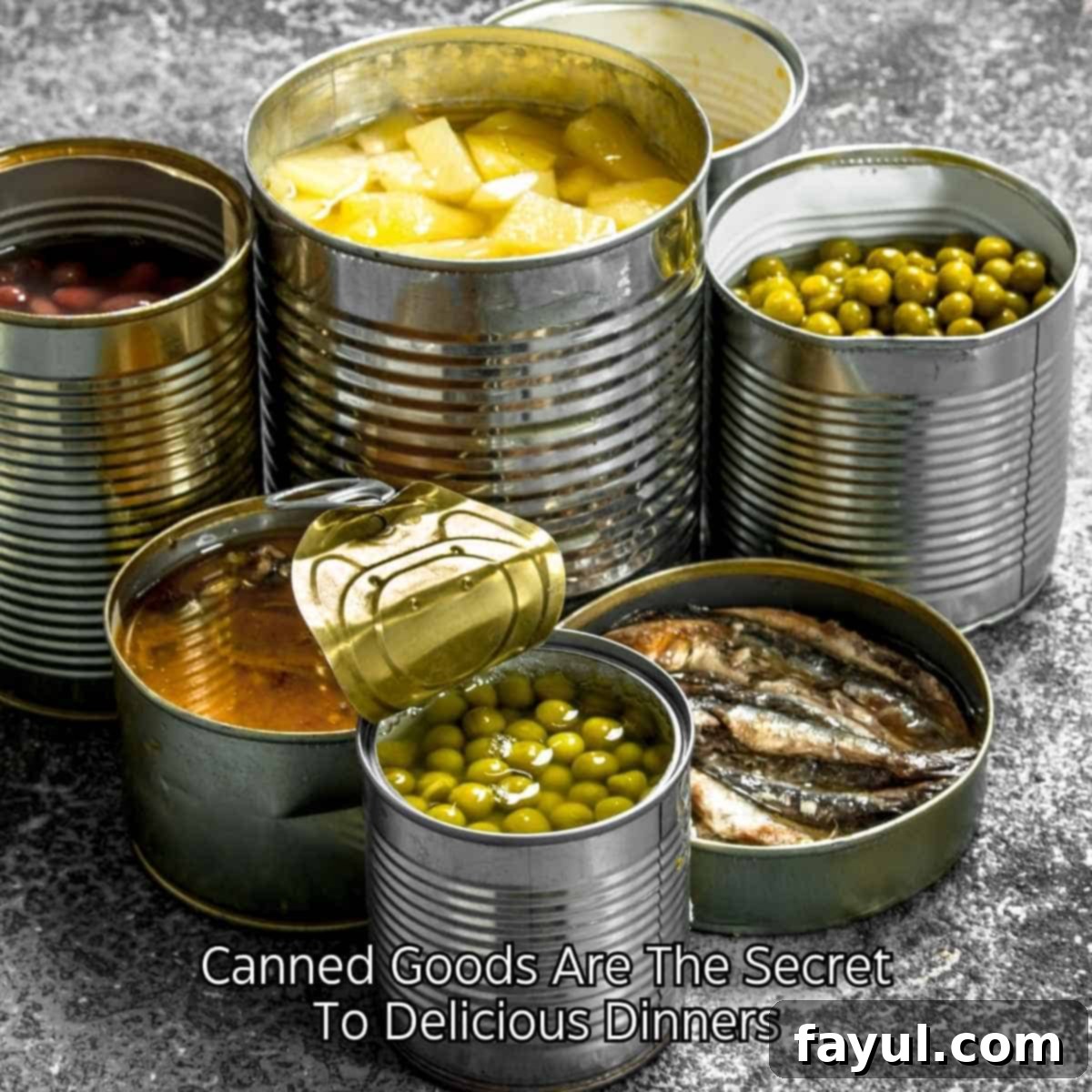Overhead view of various canned goods, including corn, green beans, and peas, arranged on a granite counter, ready for meal preparation.