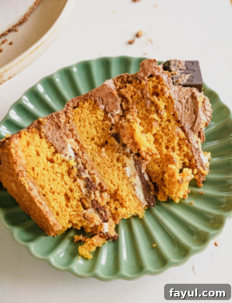 Top view of the Pumpkin S'mores Cake, showcasing its beautiful frosting and ganache drip.