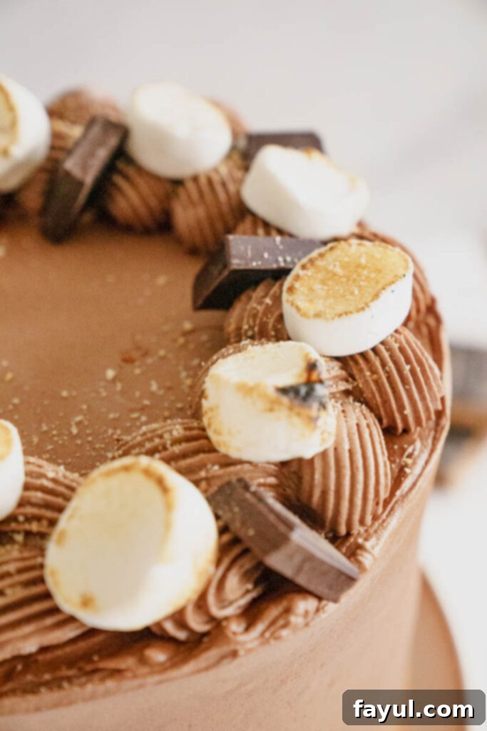 Another beautiful shot of the Pumpkin S'mores Cake, showing the chocolate drip.
