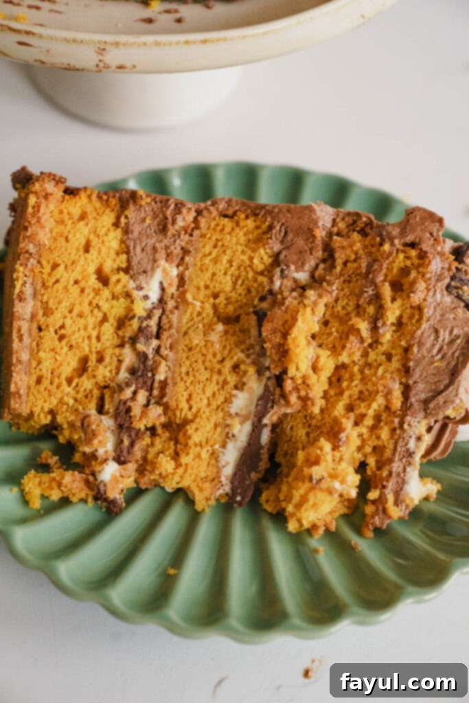 Three layered Pumpkin S'mores Cake on a rustic wooden surface.