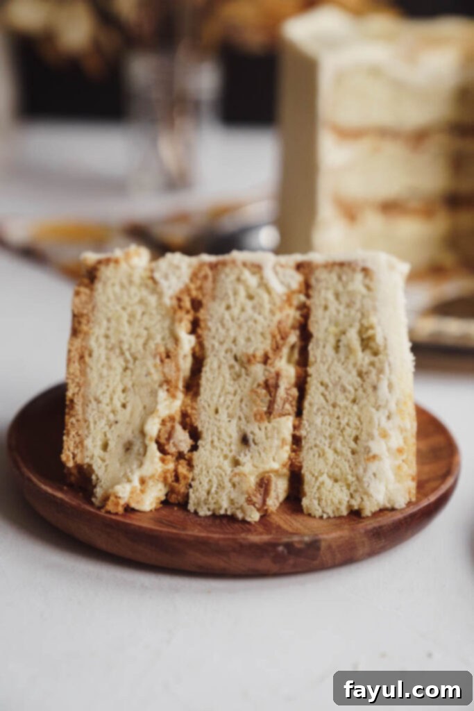 A beautifully decorated Banana Creme Brulee Cake