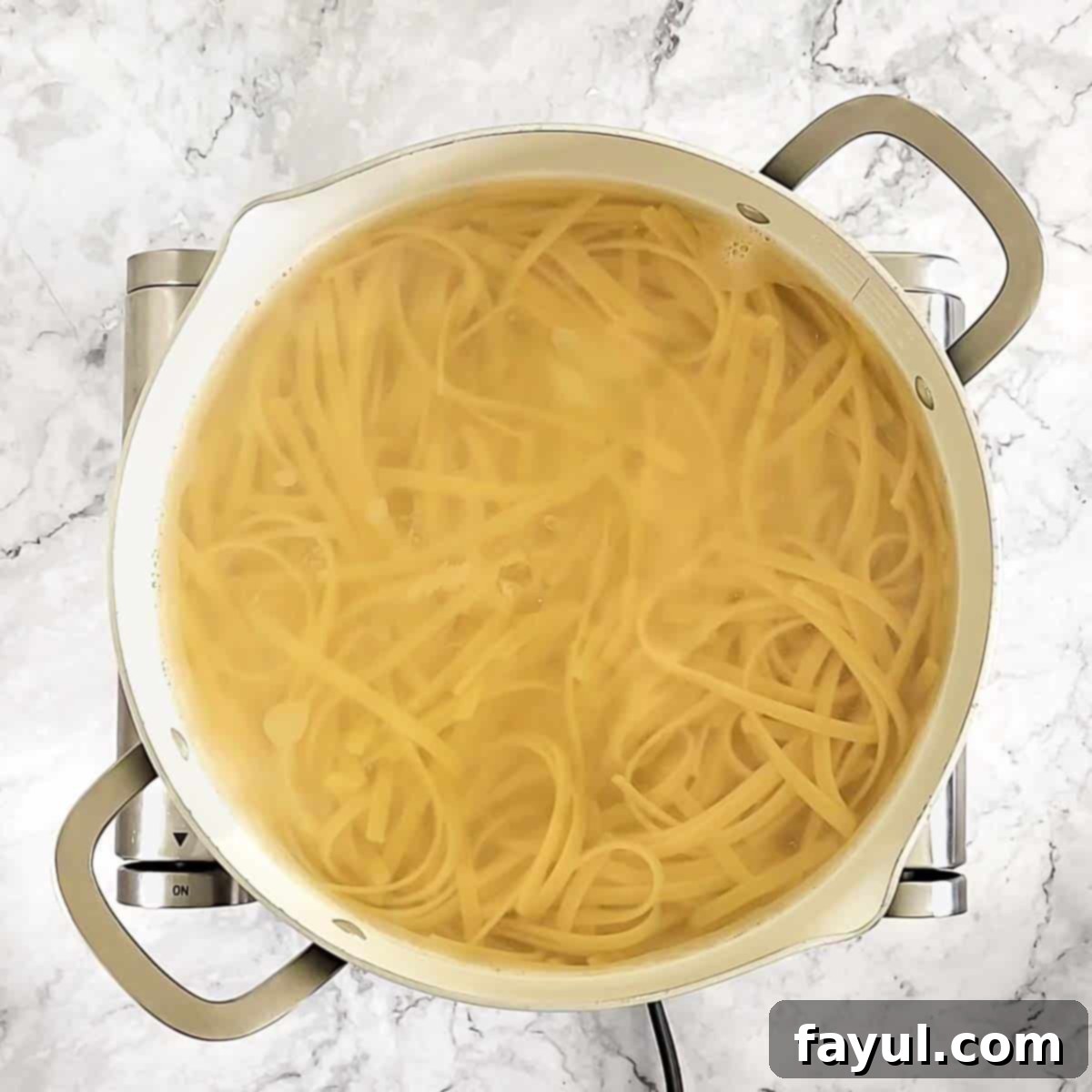 Overhead view of process shot 1 - Cook the fettuccine according to package directions in a large pot of salted boiling water.
