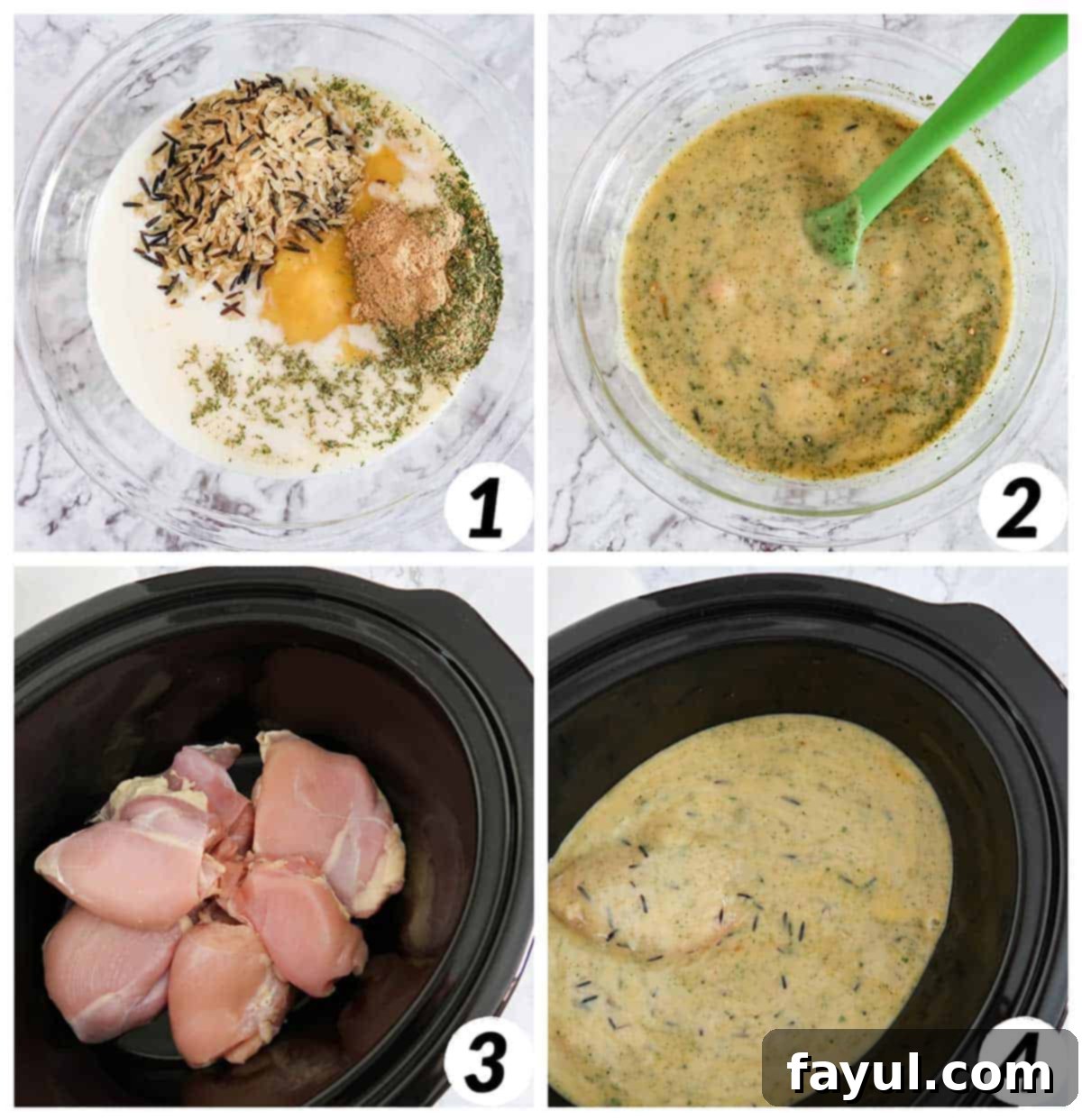 Four panel collage of process shots- mixing together ingredients and combining them in the slow cooker.