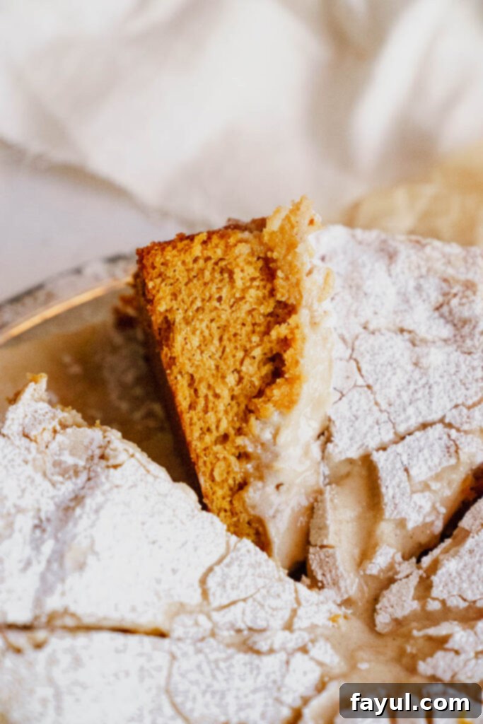 Delicious slice of Gooey Butter Pumpkin Cake showing the pumpkin cake layer and the creamy gooey topping.