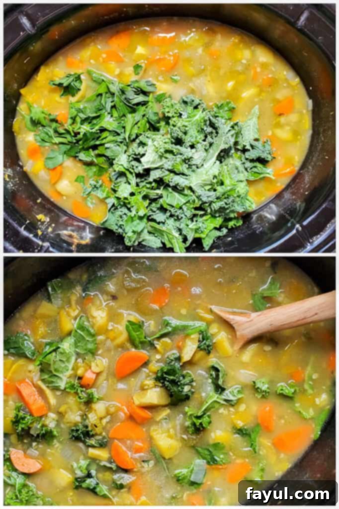Two images showing the process of preparing vegan lentil soup in a large crockpot, highlighting chopped vegetables and broth.