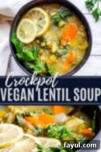 Pin graphic for a healthy and easy Crockpot Vegan Lentil Soup recipe, featuring a close-up of the soup in a bowl with text overlay.
