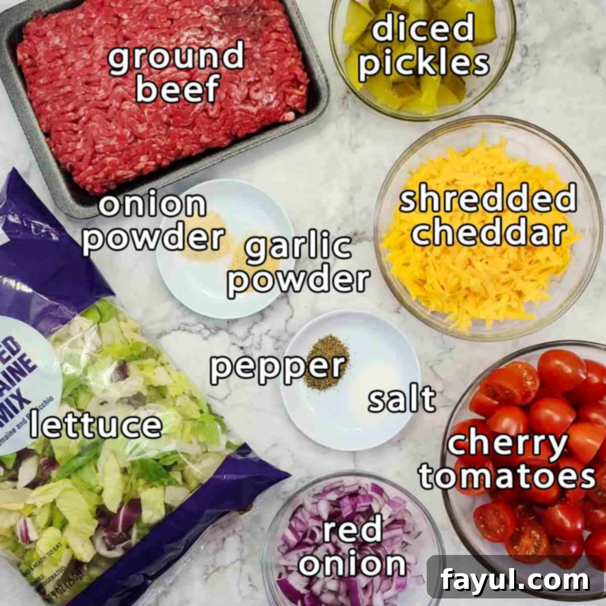 Overhead shot of ingredients - ground beef, diced pickles, shredded cheddar, cherry tomatoes, red onion, lettuce, onion powder, garlic powder, pepper, and salt.