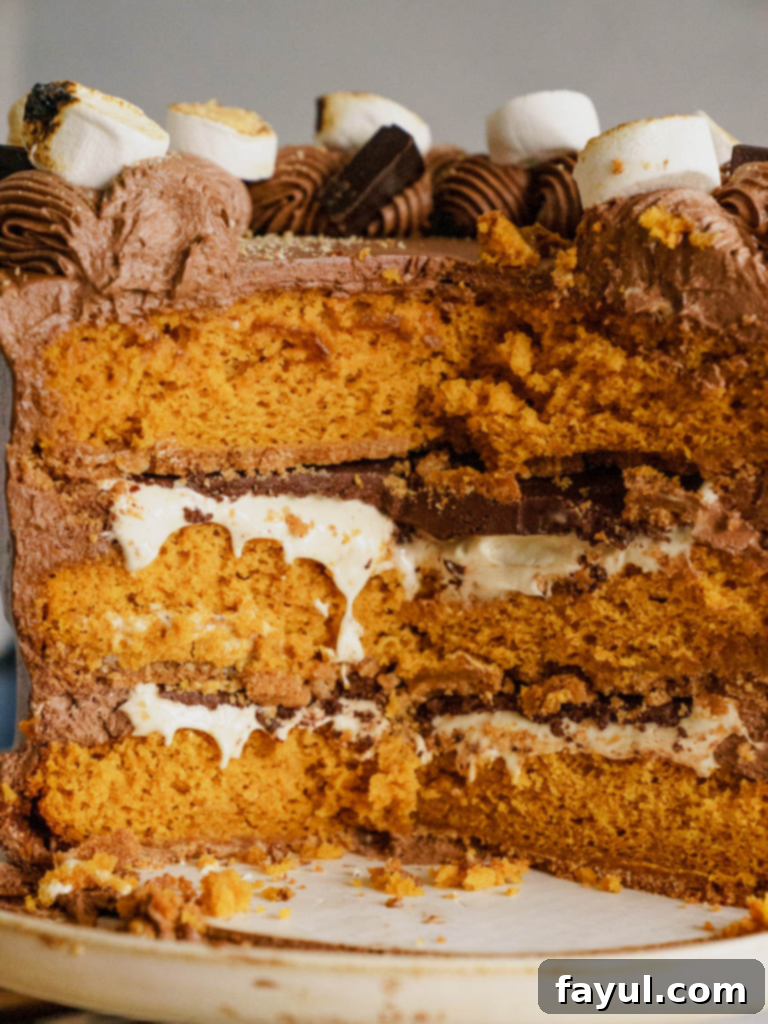 A great pumpkin s'more cake slice with melted marshmallow