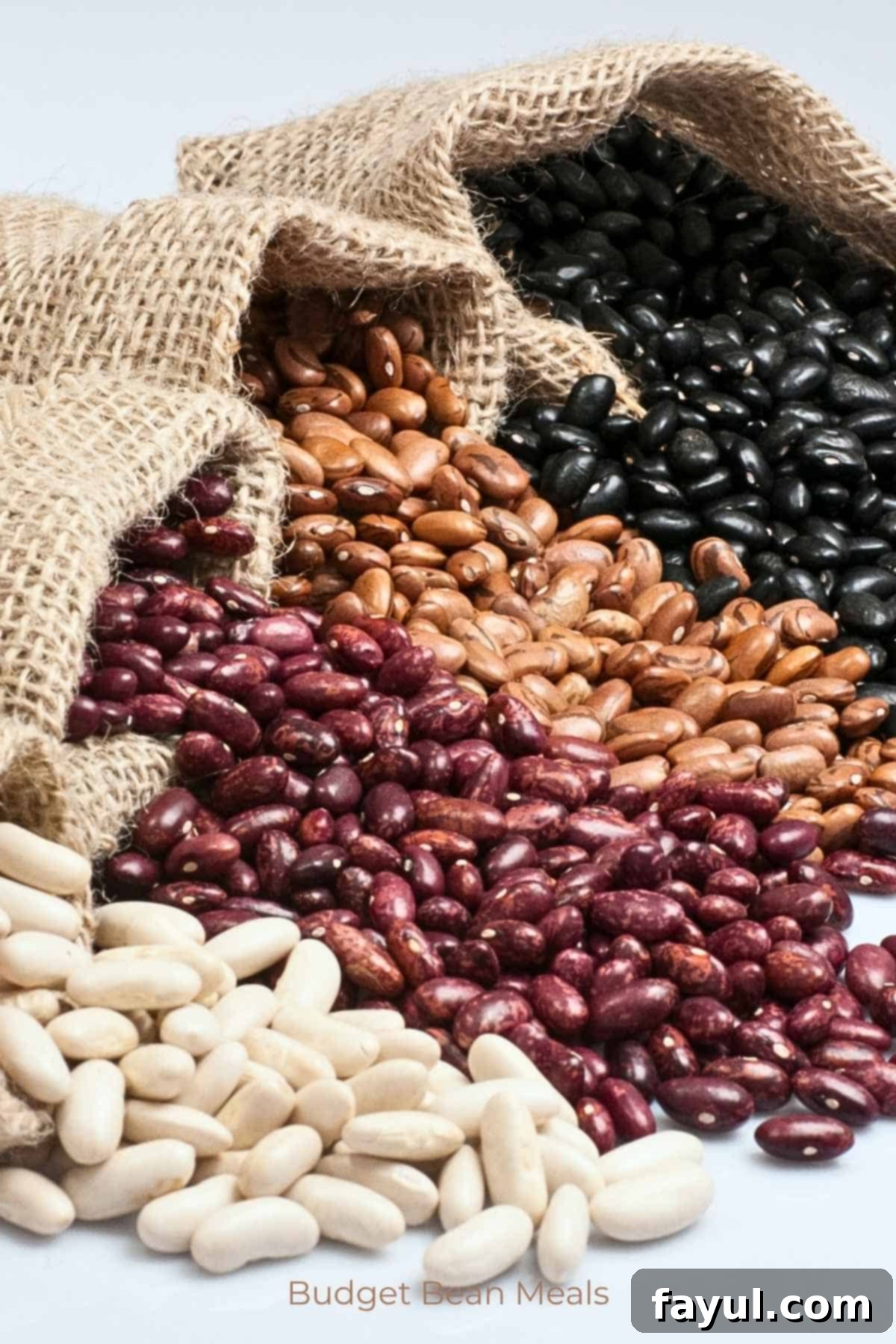 Three burlap sacks spilling white, red, brown, and black beans onto a white counter.