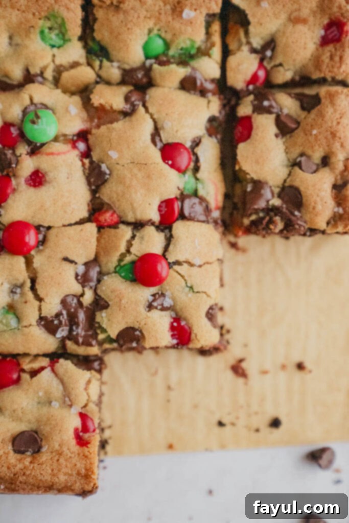 Freshly baked Oreo M&M Blondies in a baking dish, just out of the oven