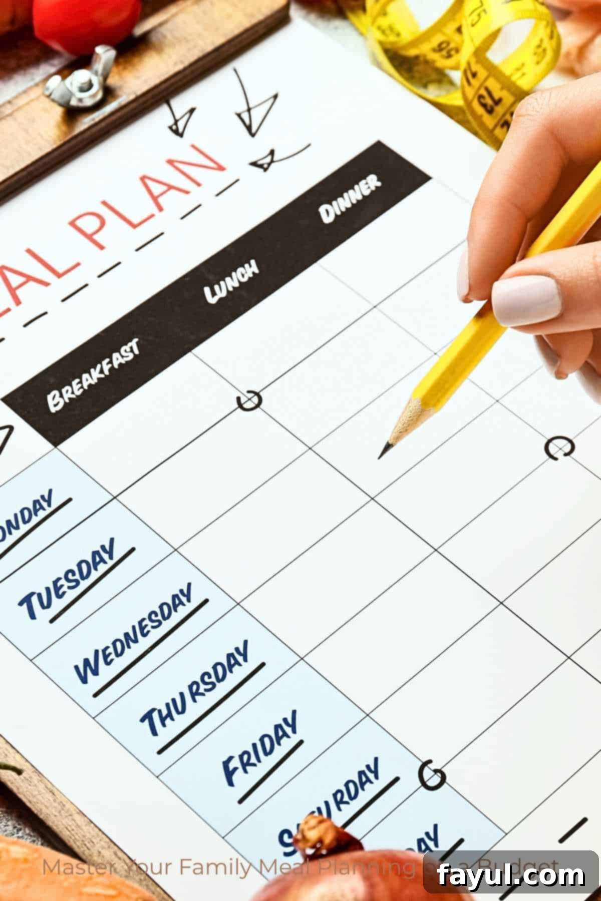 A hand with a pencil writes on a family meal planning chart, listing days from Monday to Friday in different rows, with tomatoes and a tape measure nearby, symbolizing organization and healthy eating on a budget.