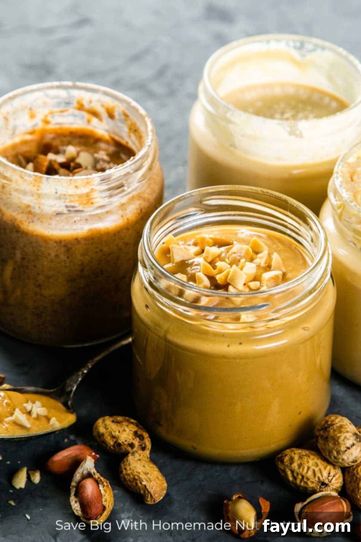 Four creamy homemade nut butters with chopped nut toppings in small jars on a dark counter, surrounded by various unprocessed nuts like almonds, peanuts, and cashews, suggesting fresh ingredients and homemade goodness.