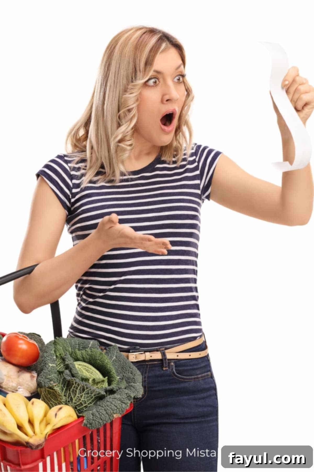 Woman with grocery basket full of food holding a receipt and looking at it with a shocked expression, realizing her grocery shopping mistakes.