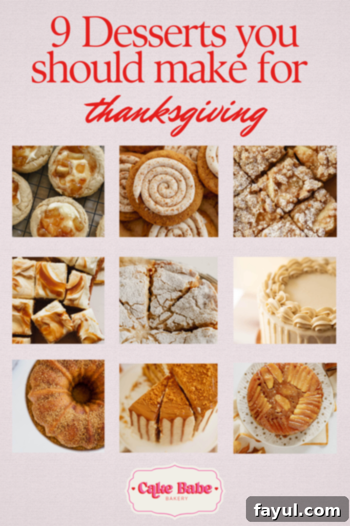 A beautifully frosted cake, possibly a Caramel Apple Cake, ready for Thanksgiving dessert.