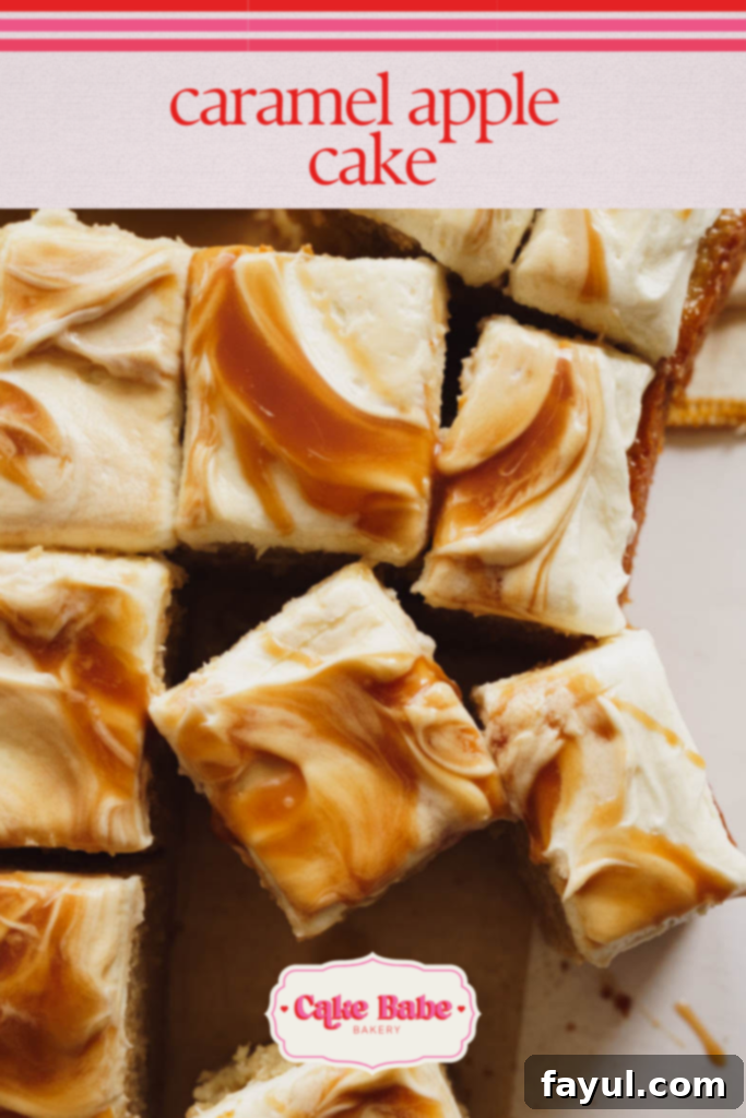 Slice of delicious Caramel Apple Cake with cream cheese frosting and caramel drizzle.