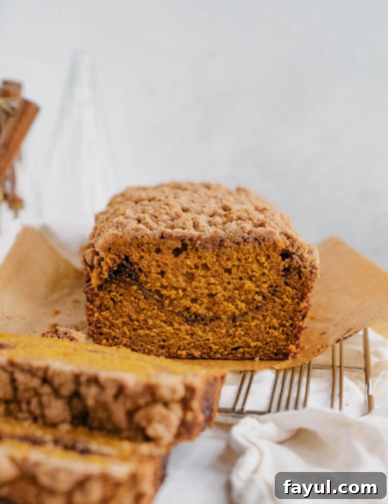Close-up of a perfectly baked Pumpkin Bread with Streusel