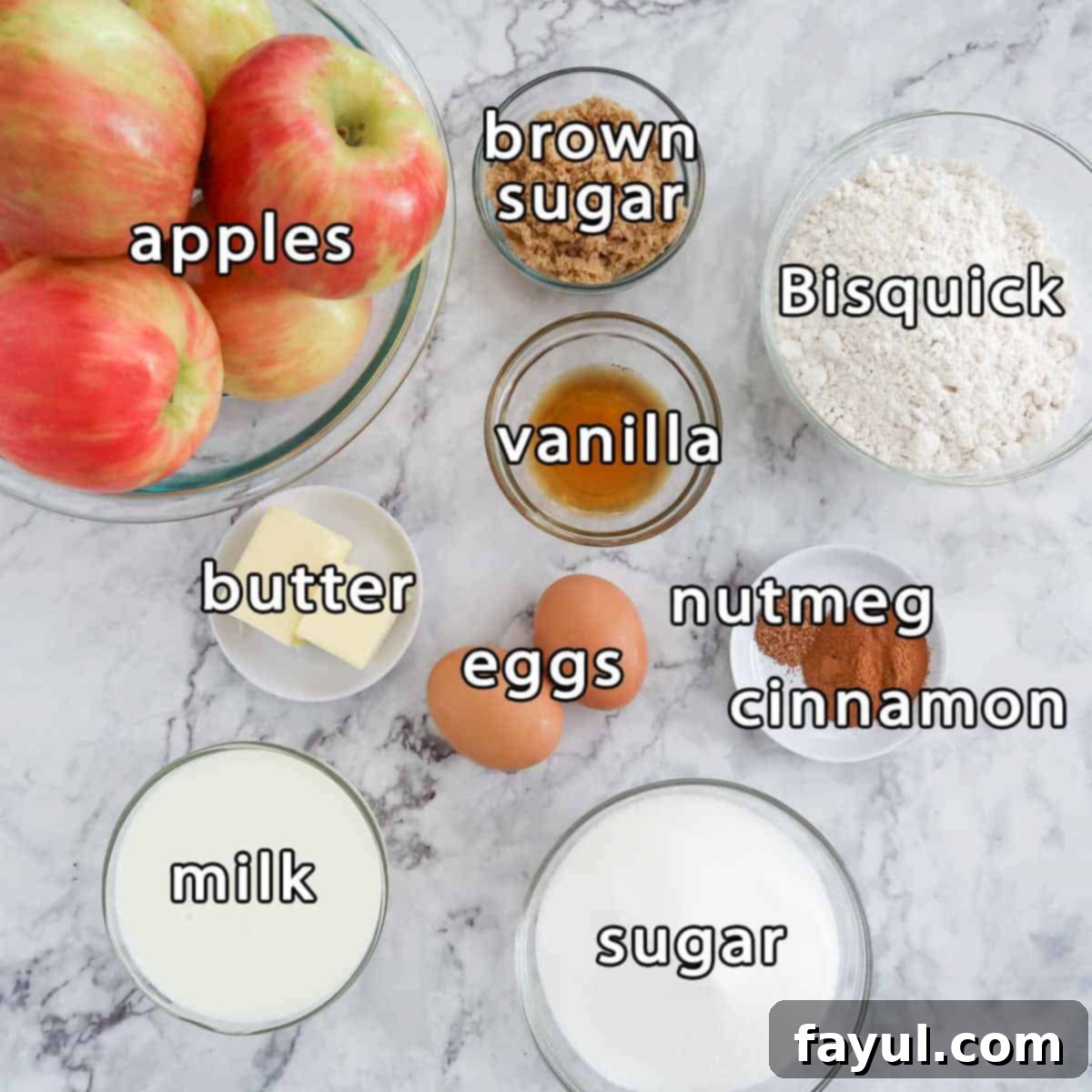Overhead shot of ingredients - apples, brown sugar, bisquick, vanilla, eggs, butter, milk, sugar, nutmeg, and cinnamon.