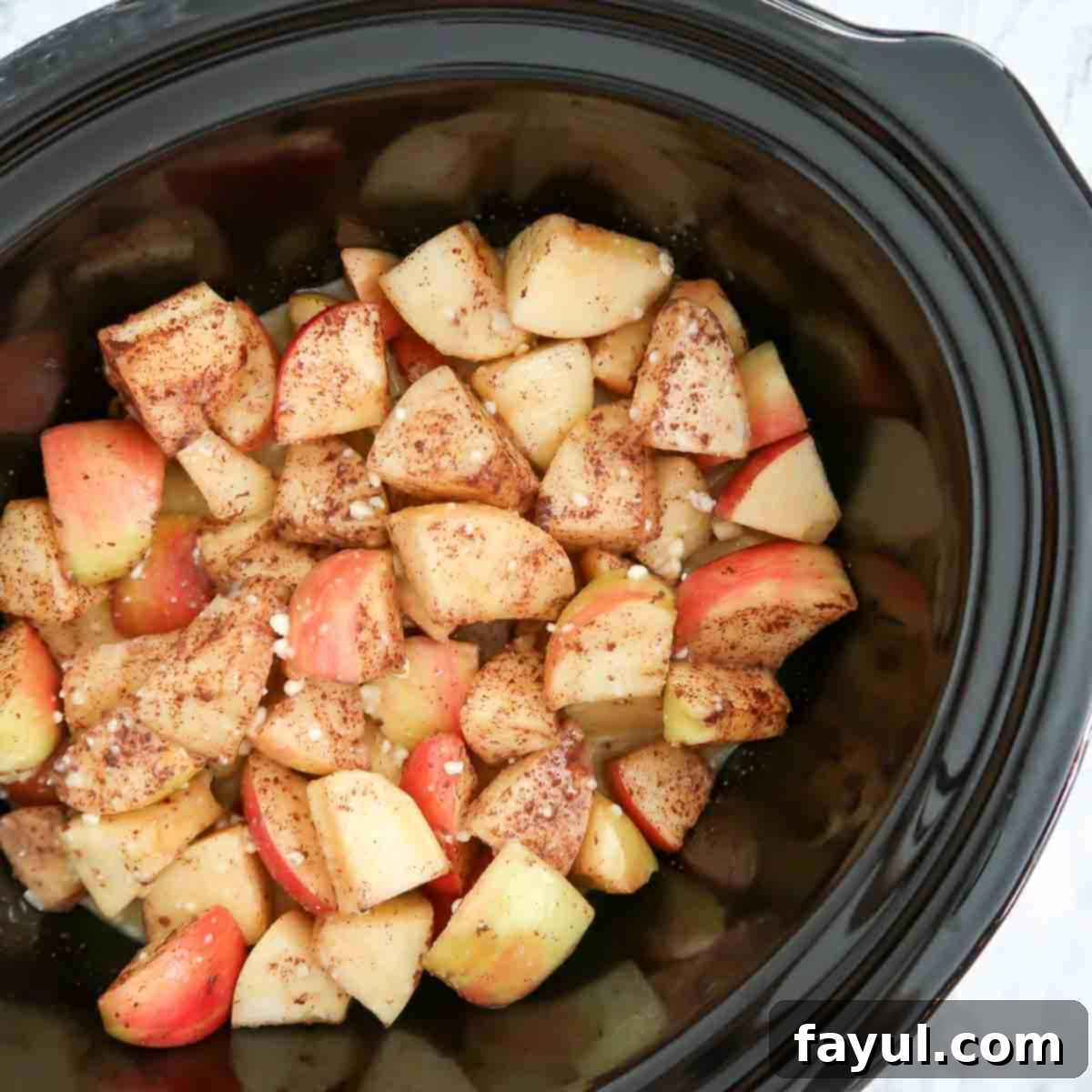 Overhead view of process shot 5 - apples and bisquick mixture in the crockpot.
