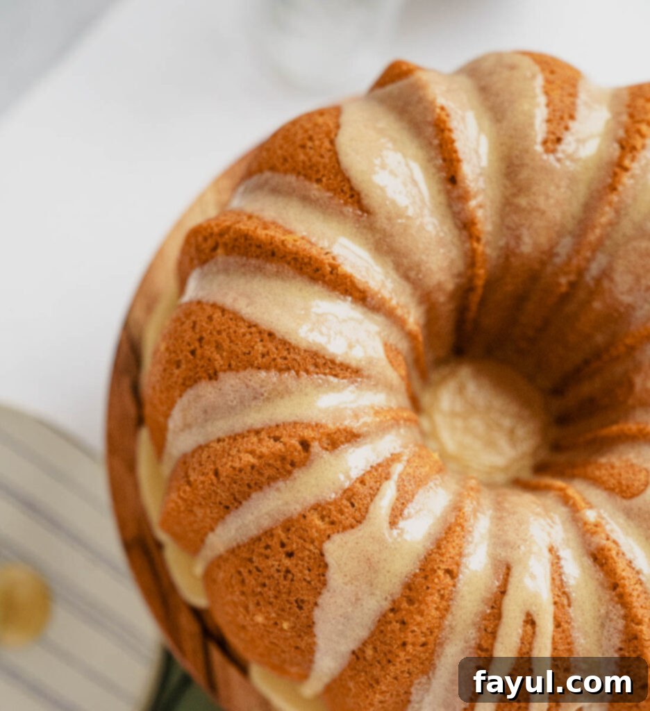 Close up of bundt cake slice with glaze