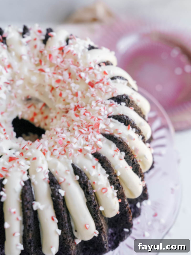 chocolate peppermint bundt cake with white frosting and crushed peppermint on top