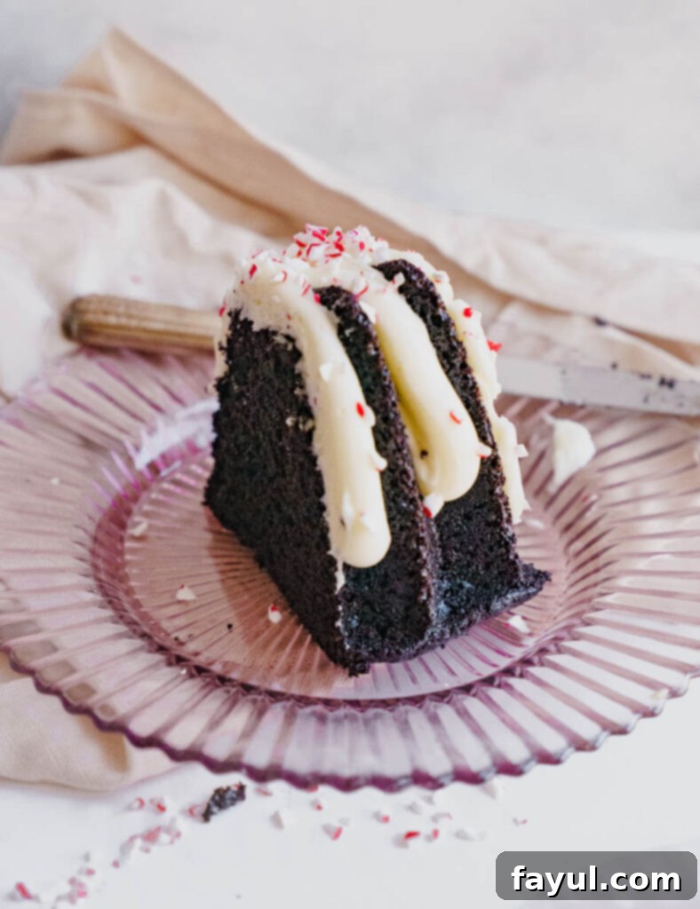 chocolate peppermint bundt cake on a festive plate